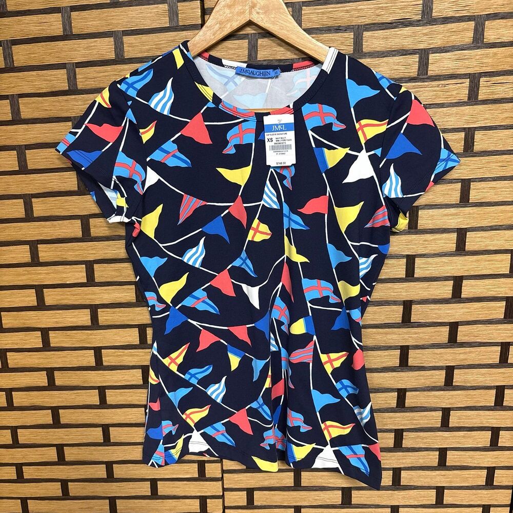J. McLaughlin Blue Flag Print Cap Sleeve Signature Top Size XS‎